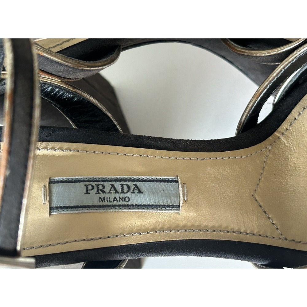 Prada Milano Donna Strappy Black/Gold Suede &Leather Platform Sandal Shoes 37 - Picture 6 of 14